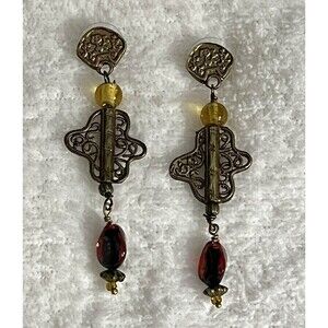 1-Pair Vintage Metal Glass Bead Drop Earrings - Women Antique Gold